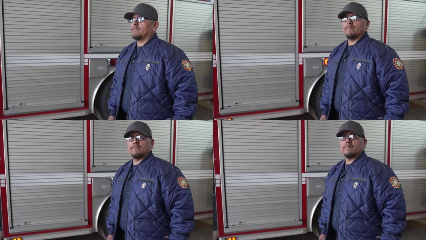 消防队长站在消防车前的视频画像