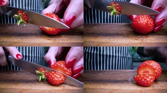 首席切草莓在专业厨房库存视频