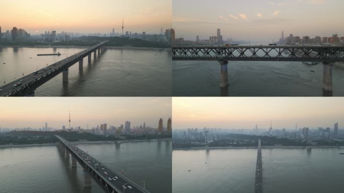武汉长江大桥日落景象航拍镜头集合