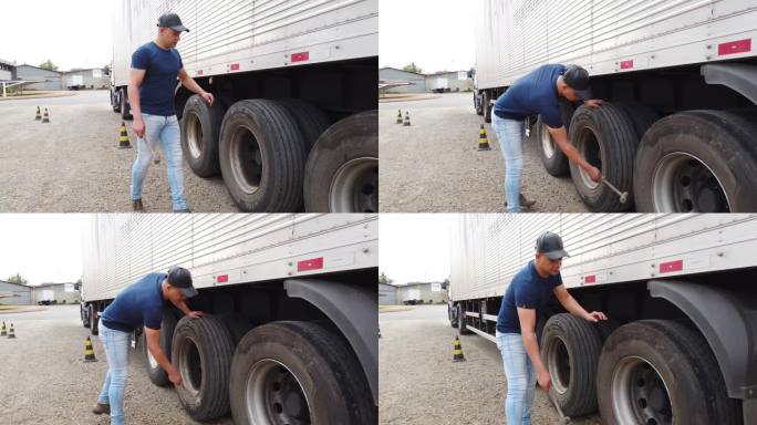 巴西卡车司机检查他的半卡车轮胎。