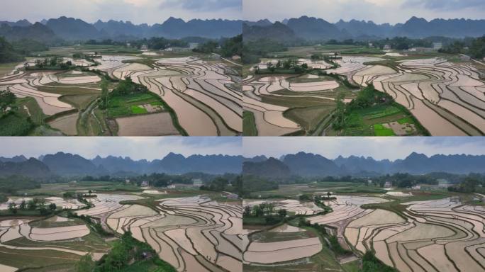 越南曹邦忠康区丰南的稻田和千姿百态的山峰鸟瞰图