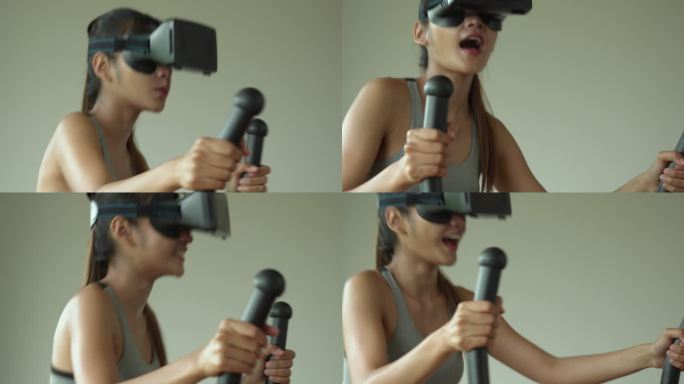 在家中使用椭圆机佩戴虚拟现实护目镜的女性
