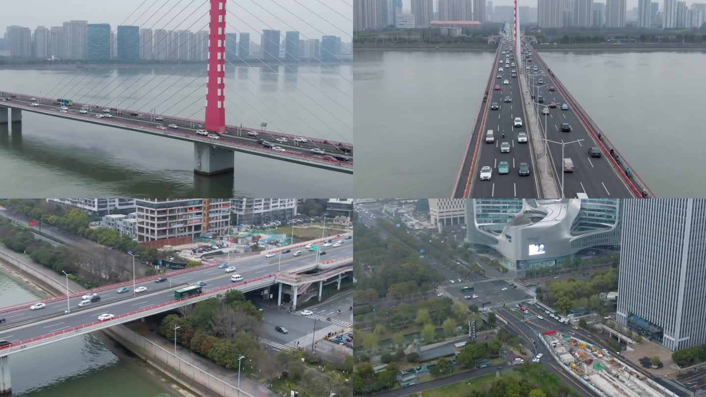4K航拍钱塘江西兴大桥