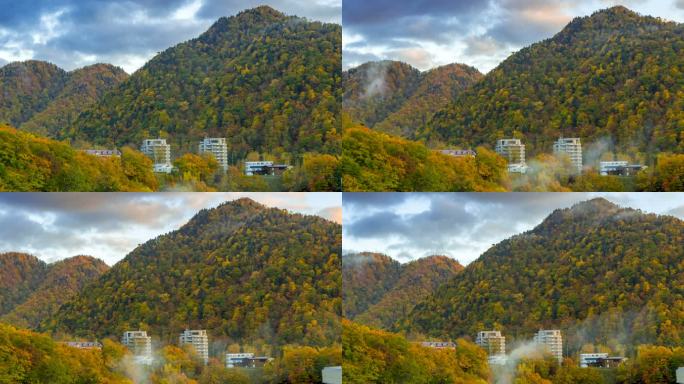 全景拍摄：日本北海道秋天的4K Time-Lapse Jozankei温泉小镇天际线