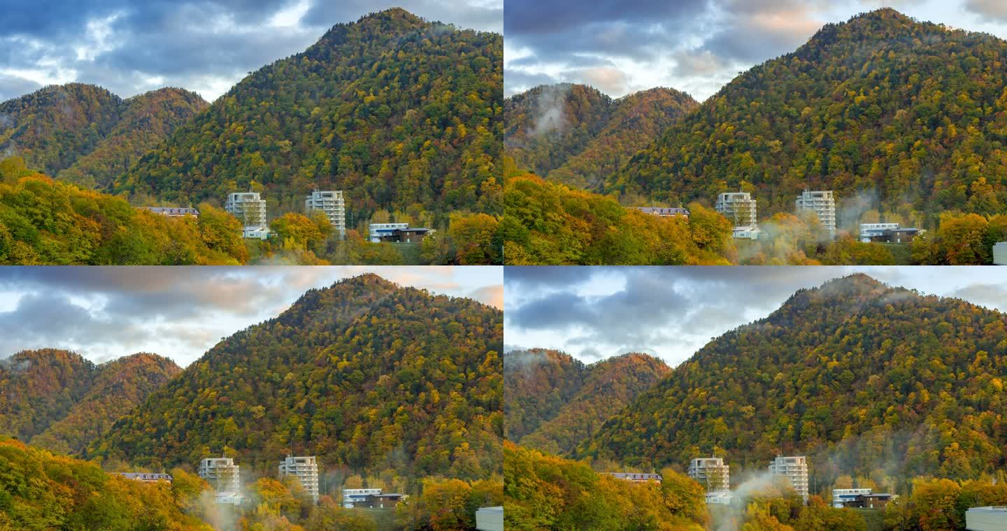 全景拍摄：日本北海道秋天的4K Time-Lapse Jozankei温泉小镇天际线