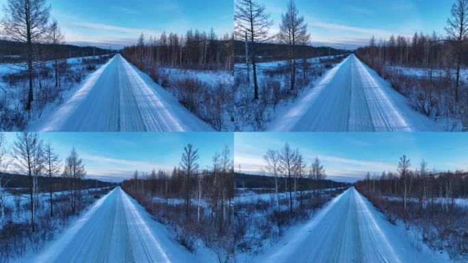 航拍大兴安岭林海雪原雪路