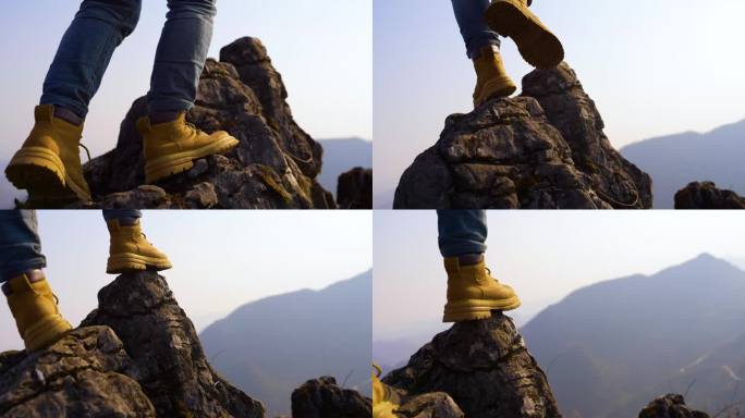 登山脚步特写登山靴行者脚步山顶群山之巅脚