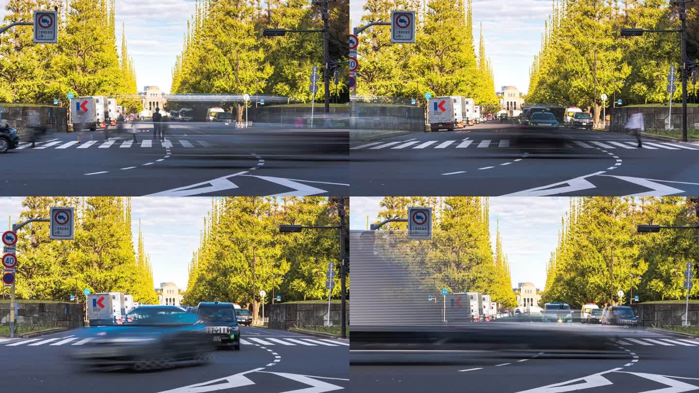 4K时间流逝：在日本东京青山明治金谷花园，汽车和行人挤在黄银杏旁，向左摇摄