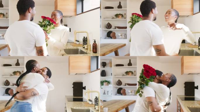 4k视频画面显示，一位英俊的年轻男子在家里的厨房里用玫瑰给女友惊喜