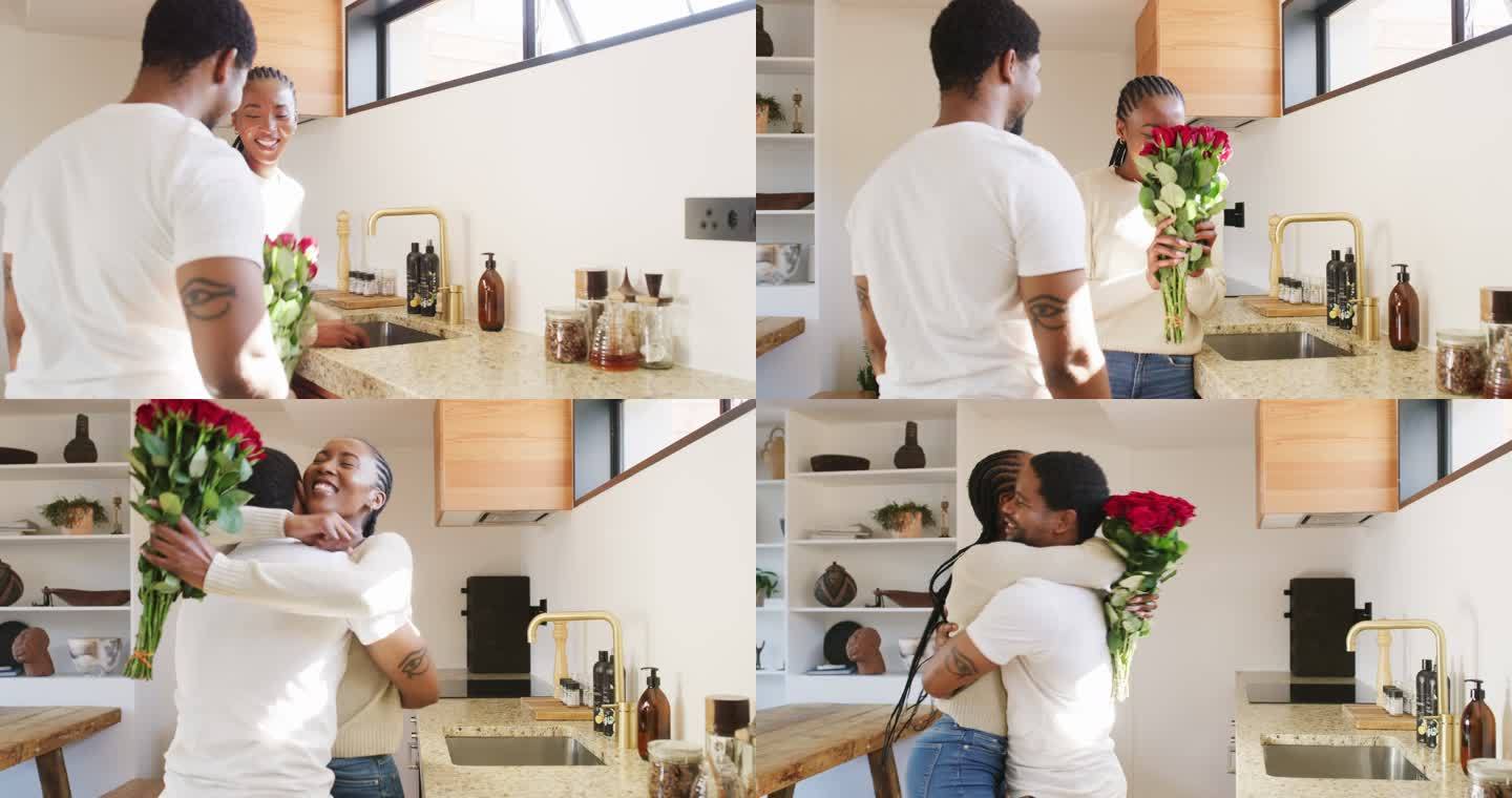 4k视频画面显示，一位英俊的年轻男子在家里的厨房里用玫瑰给女友惊喜