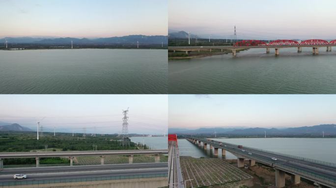 航拍湖面上的京张高铁和G6高速路