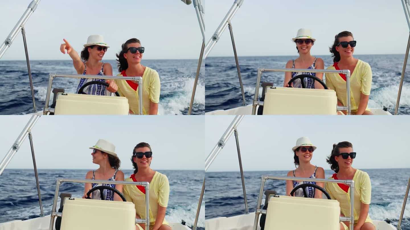 女性朋友在梦幻假期中享受快艇之旅。用自然的微笑看风景
