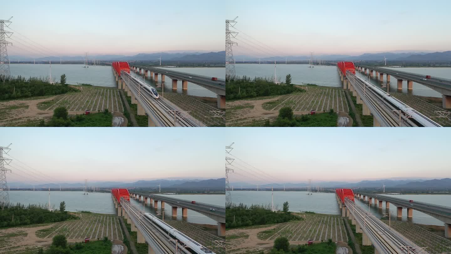 官厅湖上的京张高铁和高速路
