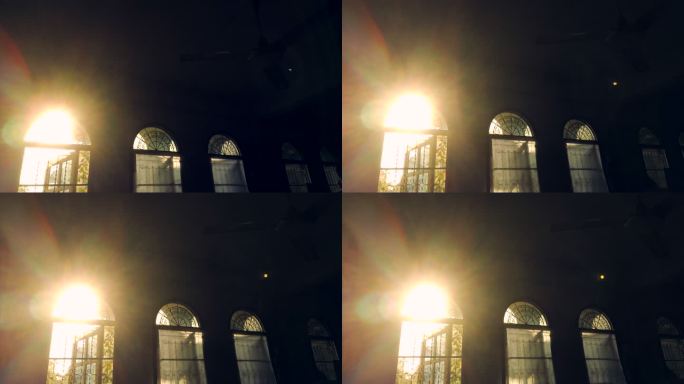 室内日落灯慢动作教堂日落阳光唯美拱形玻璃