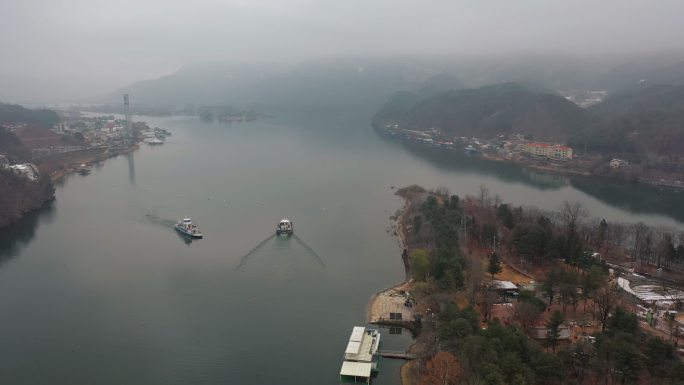 韩国首尔南美岛冬季日出鸟瞰图