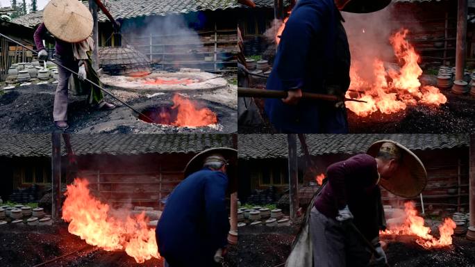 荥经砂器开窑上釉黑砂土法烧制工艺航拍素材