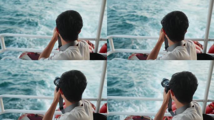 年轻英俊的男性游客乘坐渡轮游览，并在旅行期间在渡轮上拍照
