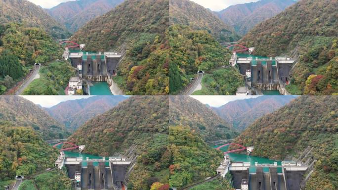 日本富山，秋季，乌纳佐基大坝的手推车鸟瞰图。