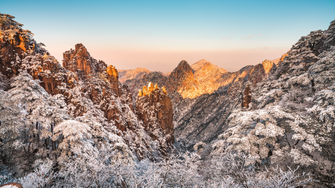 4K安徽黄山冬季雪景风光延时摄影