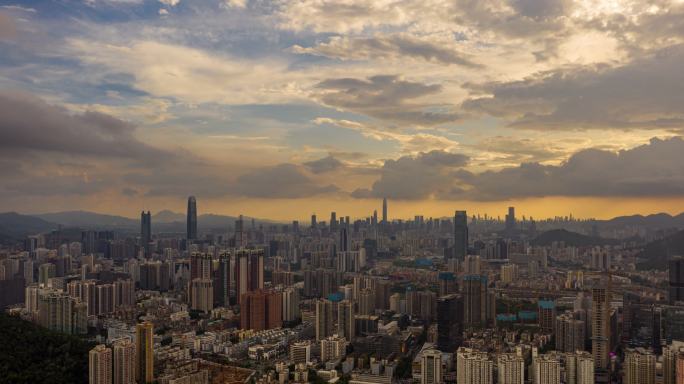 深圳大湾区罗湖日转夜航拍延时多云壮观大气