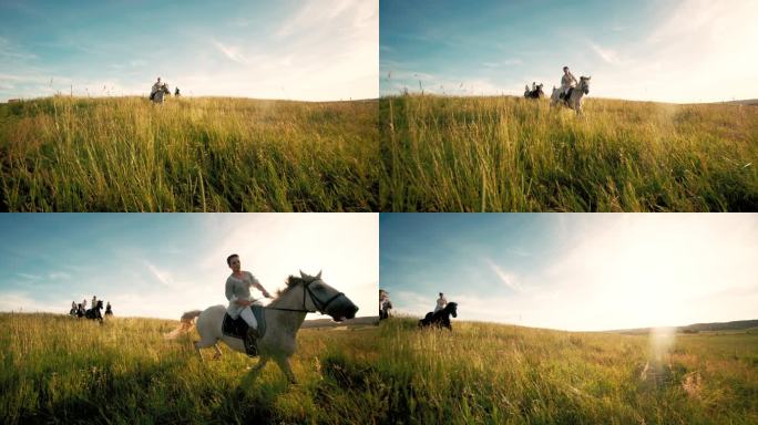 在草地上骑马的年轻女子