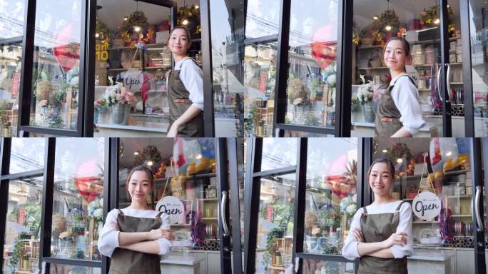 亚洲女性花店开放店的老板欢迎前来购买鲜花的顾客，一位拥有专业花店、城市花店、小企业理念的日本女性，