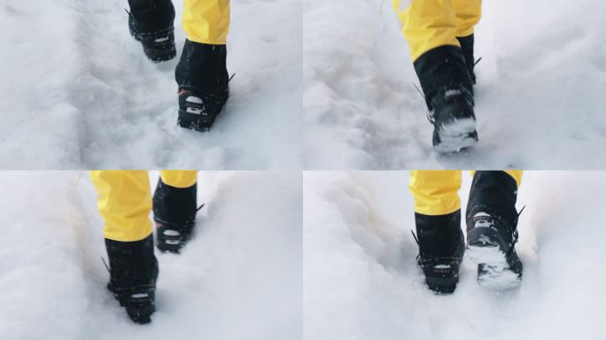 4K冬天雪地上行走的人脚步特写