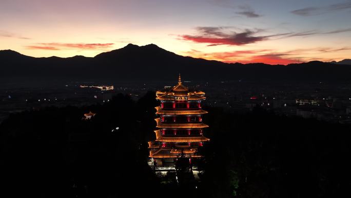 丽江狮子山万古楼夜景航拍4k