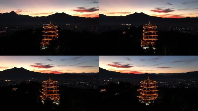 丽江狮子山万古楼夜景航拍4k