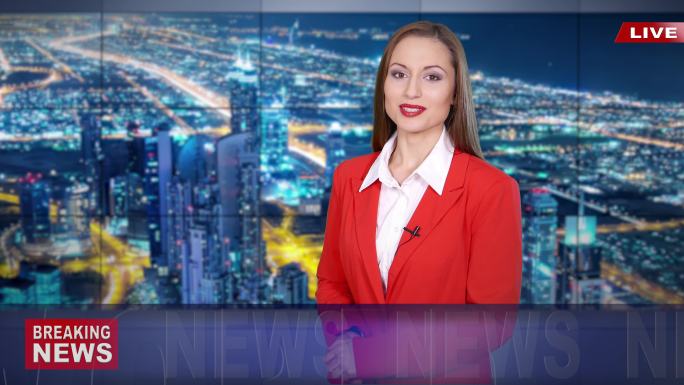 4K视频：女新闻播报员在电视演播室阅读突发新闻-迪拜