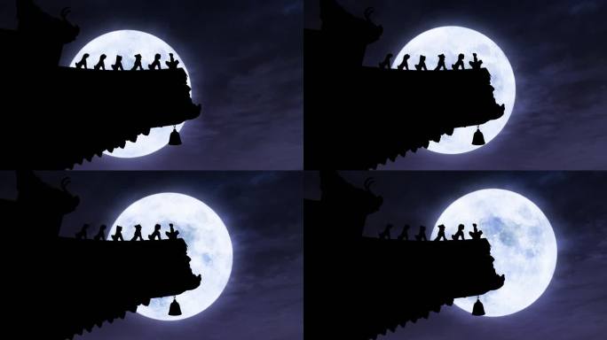 中秋月亮满月赏月中国文化古建筑屋檐神兽