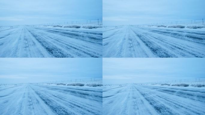 4K新疆戈壁滩冬天路面风雪天气