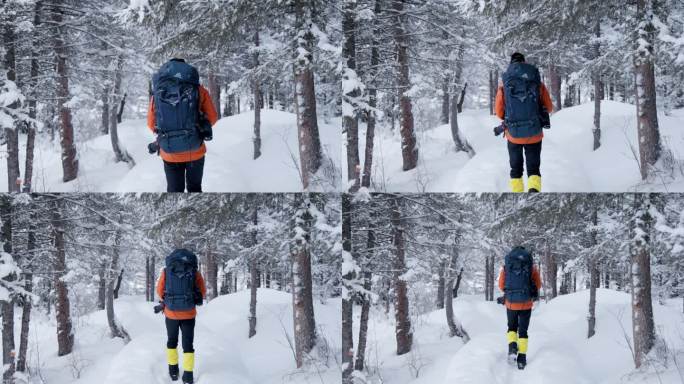 4K冬天森林雪地上行走的背包摄影师
