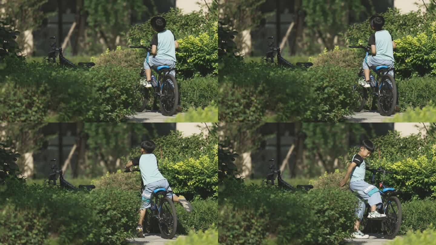 小区社区夏天停自行车的男孩去找同伴