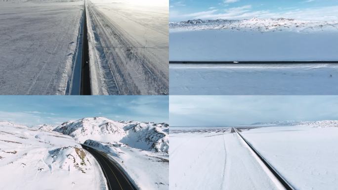 4K冰天雪地新疆公路行驶汽车航拍合集