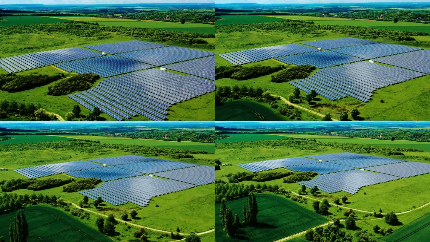 鸟瞰乡村景观中的太阳能电池发电场