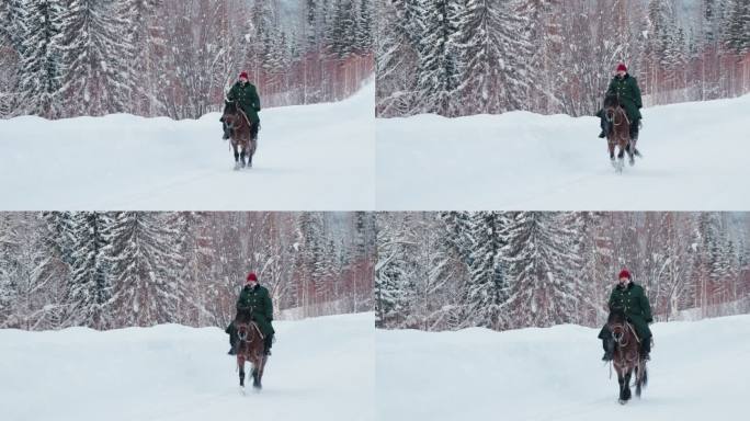 4K新疆冬天冰天雪地中骑马的人特写
