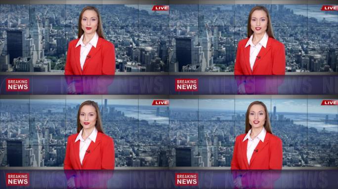 4K视频：女新闻播报员在电视演播室阅读突发新闻-纽约