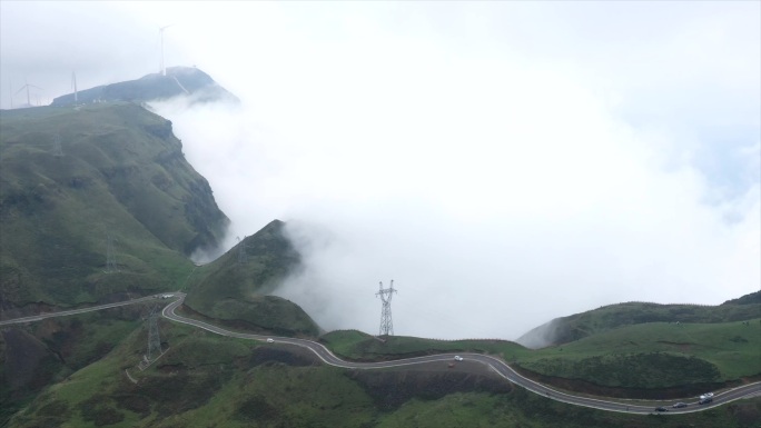 天空云雾 云海 穿云 高山 乌蒙山 风车