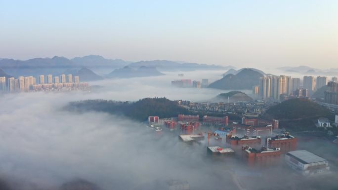 清镇城市航拍 晨雾云海 湿地公园时光贵州