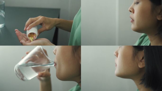 服用药物和饮用水的妇女。