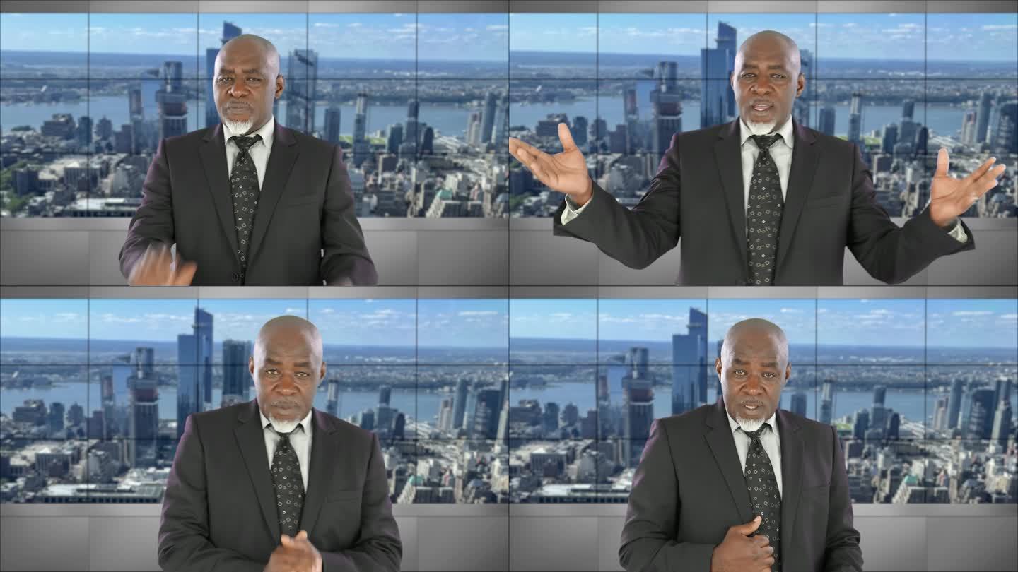 4K视频：非洲男性新闻播报员在电视演播室阅读突发新闻-纽约