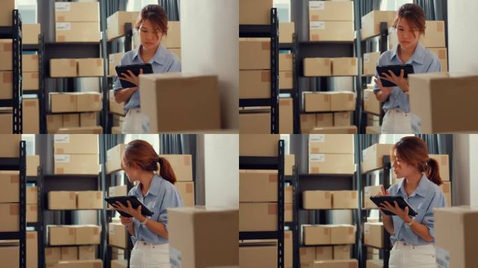 站在货架前的亚洲女商人使用数字平板电脑检查货架上的库存，并在仓库快递前详细查看在线信息中的关键数据。