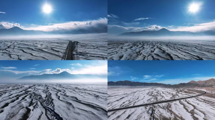 4K冬季新疆天山山脉雪地上的公路航拍合集