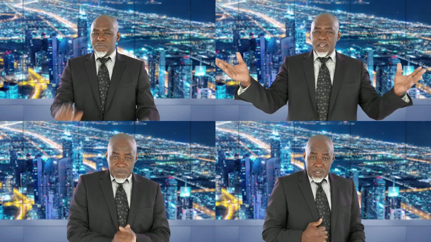 4K视频：非洲男性新闻播报员在电视演播室阅读突发新闻-迪拜