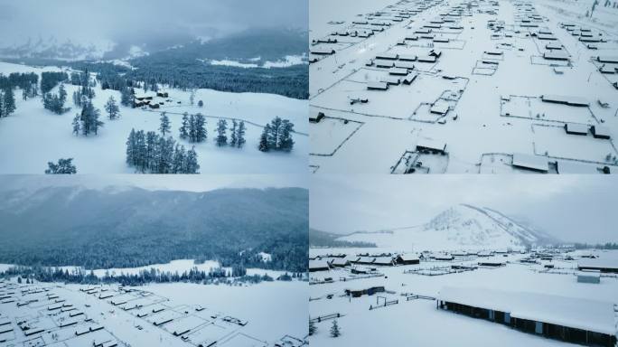 4K冬季新疆喀纳斯图瓦村自然风景航拍合集