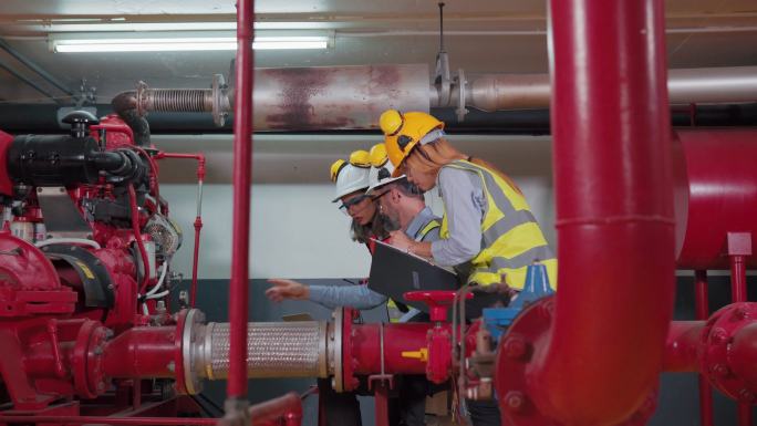 团队专业工程师在锅炉房工作，检查冷却系统清单，为了系统的安全，讨论管道压力问题。