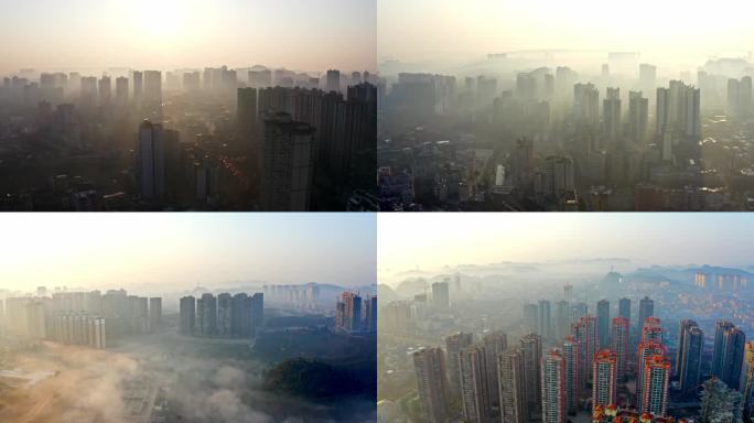 城市早晨日出晨雾逆光的高楼清镇市县城风景