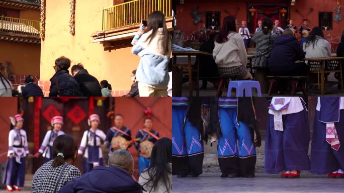 云南民族村游客观看彝族村歌舞表演