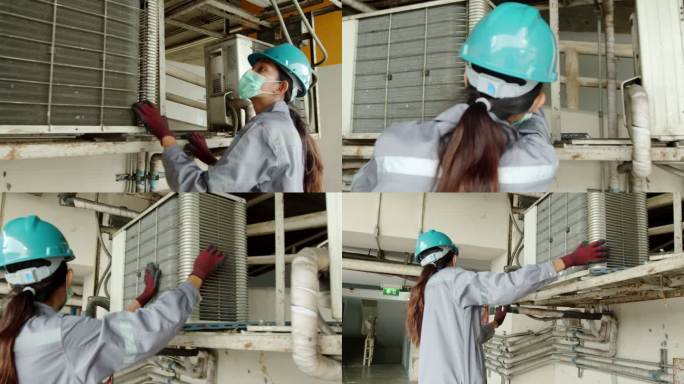 亚洲女技师检查员检查大楼内的空调泄漏。工程师女性接触